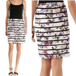 WHBM Floral Print Pencil Skirt M Black Stripes Mob Boutique Purple Straight Mini